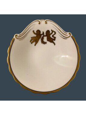 Gold Putti Cherubs White Porcelain Shell Shaped Plate Trinket Dish